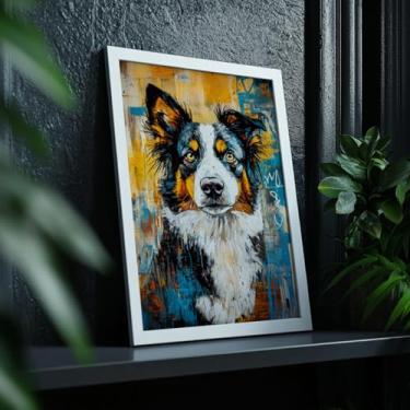 Imagem de Quadro Decorativo Border Collie Com Moldura Cachorro Colorido Pet Inteligente Arte Moderna Vibrante Parede Animal