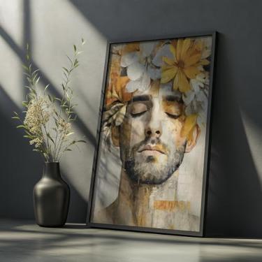 Imagem de Quadro Decorativo Homem Flores Com Moldura - Arte Masculina Floral Abstrato Moderno Decoração Sala Quarto Masculino Estilo Vintage