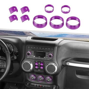 Imagem de Jimen Adequado para Jeep Wrangler JK JKU 2012-2018, 9 peças de console central, controle de ar condicionado, acabamento e botão de volume de rádio e capa de botão de interruptor de janela (Roxo)
