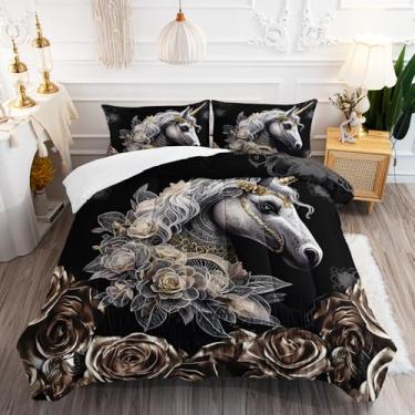 Imagem de AILONEN Conjunto de edredom de unicórnio branco, tamanho casal, rosa e cavalo para crianças, adolescentes e meninas, conjunto de edredom preto gótico, 1 colcha + 2 fronhas, 3 peças