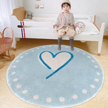 Imagem de Poowe Blue Spots Tapete de quarto infantil, tapete redondo lavável de 80 cm, tapete de engatinhar para bebês, meninos, meninas, piso antiderrapante, para sala de estar, quarto, sala de jogos, sala de