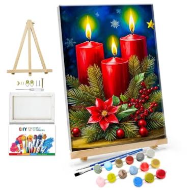 Imagem de JOOZ Kit de pintura por números para adultos pintura de Natal emoldurada por número com cavalete velas de Natal kits de pintura por números em tela emoldurada kits de pintura a óleo faça você mesmo
