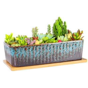 Imagem de ARTKETTY Vasos de suculentas – vasos de suculentas grandes de 30 cm com drenagem, vaso de bonsai retangular longo com bandeja de cerâmica rasa para peitoril da janela para decoração de jardim