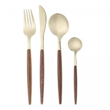 Imagem de Faqueiro 24 Peças Organic Dourado Aço Inox Com Cabo Em Madeira Lyor