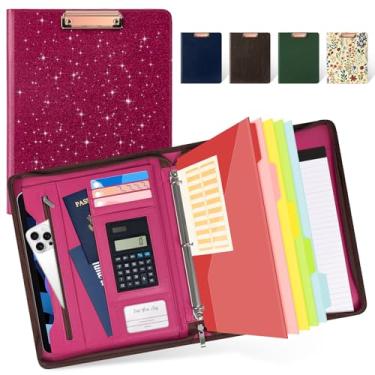 Imagem de Ospelelf Prancheta de zíper com armazenamento, pasta de couro para portfólio, 3 divisórias de fichário com abas, capa para tablet de 12,1 polegadas, bloco de notas recarregável, compartimento para