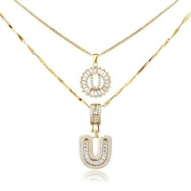 Imagem de MINDEKA Pacote com 2 colares femininos com inicial de zircônia cúbica banhada a ouro 14K, joias delicadas com inicial inicial para mulheres, colar com pingente de alfabeto A-Z personalizado, 18"+2