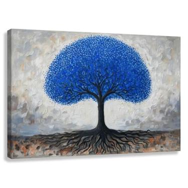 Imagem de Árvore da Vida Arte de Parede Impressão em Tela Azul Vida Pontos Azuis Abstrato Árvore Decoração Sala de Estar Quarto 60x40cmx1