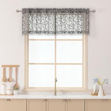 Imagem de Chyhomenyc Sanefas transparentes cinza carvão para janelas de 35,5 cm de comprimento, 2 peças, cortinas curtas de cozinha de café com filtro de luz, cortina pequena superior para sala de estar quarto