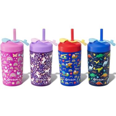 Imagem de Fimibuke Copos infantis e infantis com canudo, copos de 293 ml à prova de derramamento para crianças, copos infantis isolados de aço inoxidável com tampas torcidas e canudos de silicone com tampa para