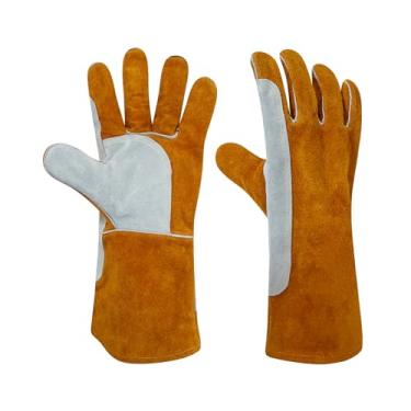 Imagem de Luvas de solda de couro de 35,5 cm, luvas de soldagem de manga comprida resistentes ao fogo e ao calor para MIG Gas Barbecue Forno, churrasqueira, lareira, luvas de cozimento, lareira, treinamento de