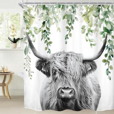 Imagem de AMBZEK Cortina de chuveiro de vaca Highland 182 cm L L x 192 cm de comprimento azul-petróleo folhas de eucalipto plantas engraçado touro ocidental fazenda tecido tecido impermeável poliéster decoração