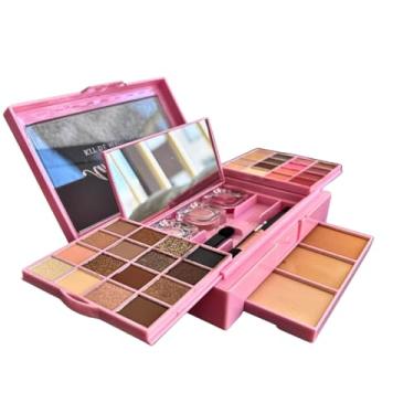 Imagem de Kit de Maquiagem Completo 42 Itens, 28 Sombras, 4 Batons, 2 Blush, 1 Iluminador, 3 Pós Compactos, 3 Pincéis, Espelho, Rosa