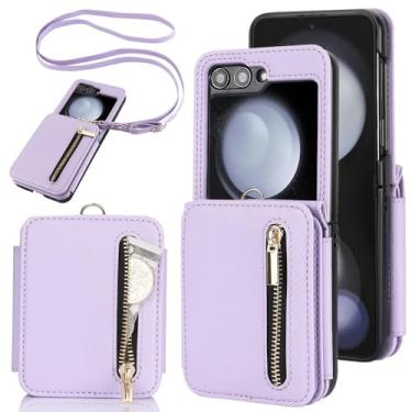 Imagem de Bolsa de couro com zíper para cartões de cordão para Samsung Galaxy Z Flip 5 4 3 Flip5 Flip4 Capa de bolsa de bolso crossbody, roxo claro, para Galaxy Z Flip 4
