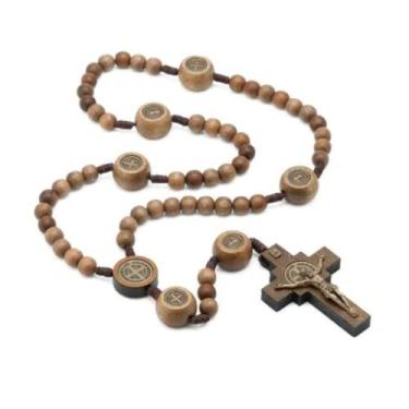 Imagem de Terço de Madeira São Bento no Cordão Imbuia 10 mm