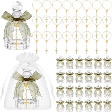 Imagem de Chuangdi 24 conjuntos de garrafas de água católicas sagradas, lembrancinhas de batismo a granel para convidados, garrafas de vidro cristãs católicas, pulseira de cruz de ouro, bolsa de organza para