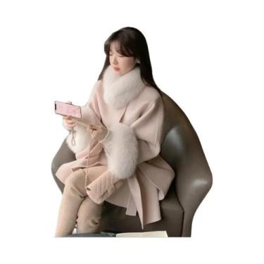 Imagem de Casaco Feminino Elegante de Lã Dupla Face com Gola e Punhos de Pele de