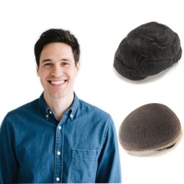 Imagem de Hywel Toupee para homens com 100% cabelo humano peruca francesa cheia peruca masculina base tamanho 15 x 20 cm, sistema de substituição de peças de cabelo ondulado natural #1B preto natural