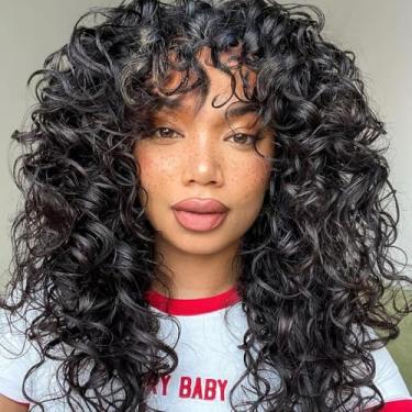 Imagem de Nuxovin Perucas grandes encaracoladas de cabelo humano para mulheres, peruca afro longa encaracolada com franja real para cosplay e uso diário, laranja gengibre, respirável, sem tampa, leve, sem