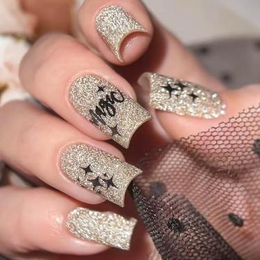 Imagem de RUOKEXIN Unhas postiças quadradas de pressão média, unhas postiças douradas com glitter, com desenhos, cola quadrada média nas unhas, unhas artificiais brilhantes, unhas fofas para mulheres, 24 peças