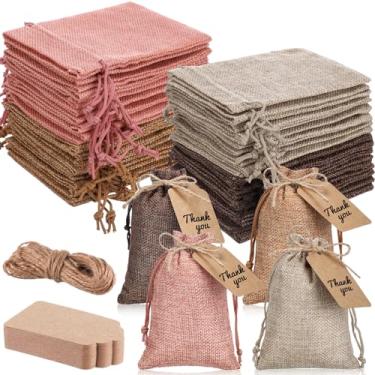 Imagem de Woanger 100 sacos de presente de serapilheira com 100 peças de etiquetas de presente de papel kraft com cordão, sacos de estopa a granel para artesanato de festa de casamento DIY (10 x 15 cm, bege