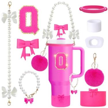 Imagem de Conjunto de acessórios de copo Stanley rosa de 9 peças para copo de 850 g 1,134 g com alça, inclui alça de pérola, topos de palha e bota de laço, pingentes de decoração, adesivo de letra, tampas à