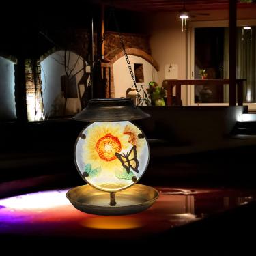 Imagem de Alimentador solar de pássaros para pendurar ao ar livre, decorativo, ferro e vidro, alimentador solar de beija-flor com padrão pintado à mão para quintal, pátio, jardim