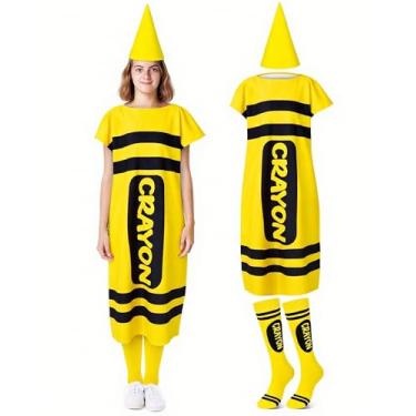 Imagem de Mepase 4 peças de fantasia de giz de cera de Halloween para adultos, giz de cera de Halloween, fantasia de anão, boné de anão, meias para cosplay (amarelo, GG)