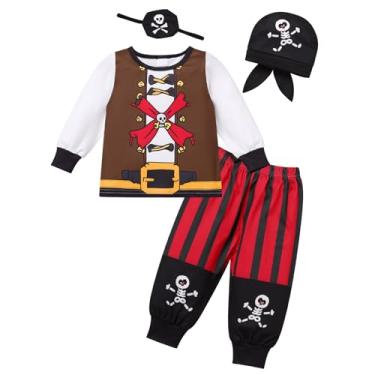 Imagem de FYMNSI Fantasias de Halloween para bebês meninos, fantasma, pirata, manga comprida, estampa de marinheiro, calças, cachecol, chapéu, tapa-olhos, conjunto de 4 peças, conjunto de 4 peças, roupas para