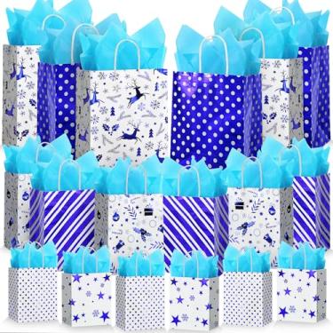 Imagem de Humyoun Pacote com 18 sacos de presente de Natal a granel tamanhos variados sacos de papel para presente 4 pequenos 16,5 cm, 4 médios 24,4 cm, 4 grandes 33 cm com papel de seda para aniversários, chás