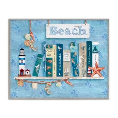 Imagem de Stupell Industries Painel de prateleira de livros Beachy arte giclée emoldurada cinza, design por Emma Leach, 40 x 50 cm