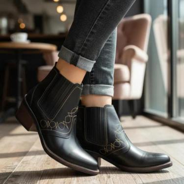 Imagem de Bota Country Feminina Cor Preta Botina Couro Solado Costurado Botinha 