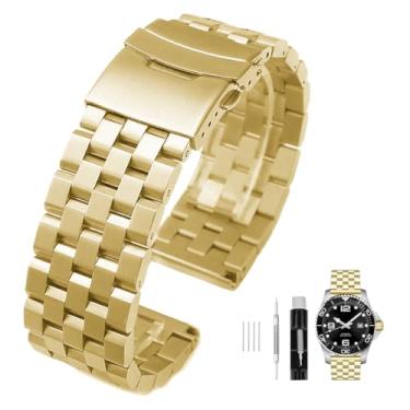 Imagem de SINAIKE Pulseiras de relógio de metal escovado para homens e mulheres de aço inoxidável sólido 18/20/22/24/26 mm pulseira de relógio com fecho duplo fivela de implantação preta prata azul, Dourado