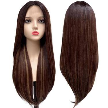 Imagem de Peruca lisa longa repicada repartição fixa ao meio lace wig - LIONSWIG