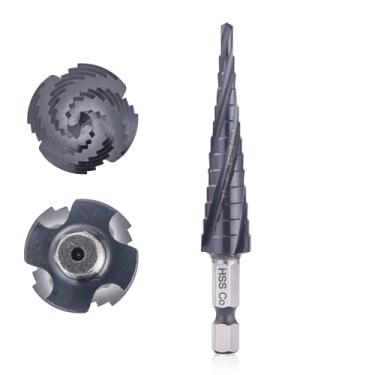 Imagem de AIMLENTOOL Broca de Quatro Sulcos Espirais M35 Cobalt Step, 1/8"-1/2" Tialn Coated Four-Flute Step Bit Resistente Ao Desgaste, 1/4" Hex Shank Unibit Step Bit para Metal, Aço Inoxidável, Alumínio, Made