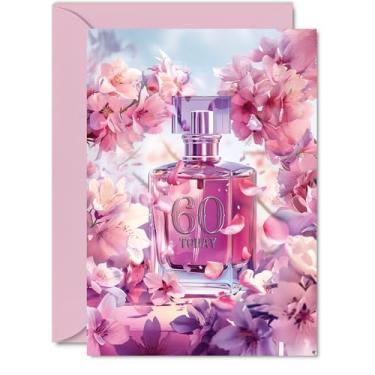 Imagem de Cartão de aniversário de 60 anos para mulheres - fabuloso frasco de perfume floral - Cartões de feliz aniversário para mulheres de 60 anos, cartões comemorativos femininos A5