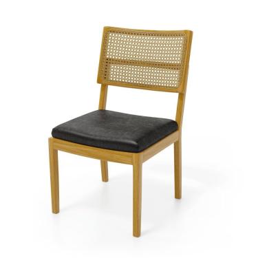 Imagem de Cadeira Milena Madeira Maciça Assento Estofado Encosto De Tela Palha Sextavada Courino Preto 503