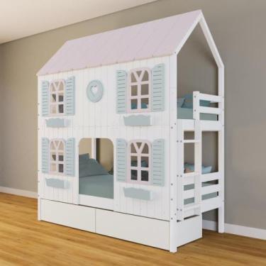 Imagem de Beliche Casinha Bela com Coração 2 Gavetas 4 Janelas Venezianas - Made