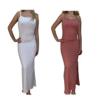 Imagem de KIT C/2 Vestidos Longo Canelado com Fenda - Emporio J, Branco, Rose, U