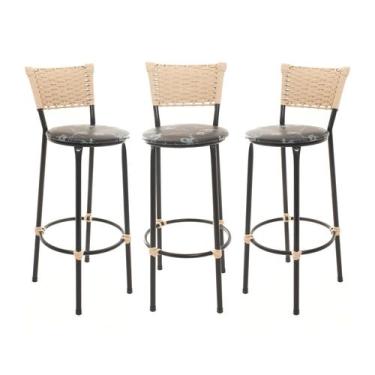 Imagem de KIT 3 Banquetas Tricô Náutico BEGE Alta Bancada Balcão Cozinha Area de