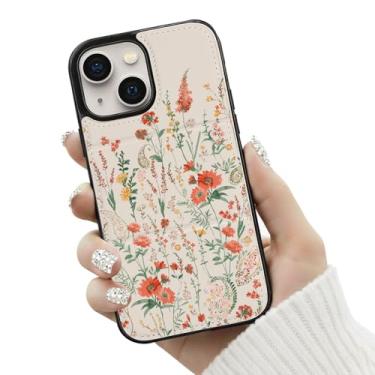 Imagem de BayPastel X Capa carteira para iPhone 15/14/13 com compartimento para cartão slim fit couro suporte flip oculto camada dupla magnética à prova de choque capa de telefone para mulheres 15,5 cm, flores