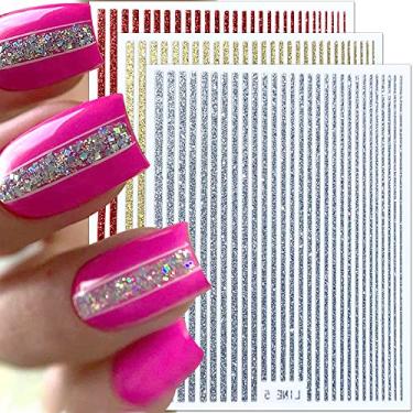 Imagem de 3D Glitter Lines Nail Stickers Holographic Nail Art Stickers Metal Stripe Nail Decals Self Adhesive Geometric Strip Line Nails Stickers Women DIY Nail Supplies,6 Colors/Set