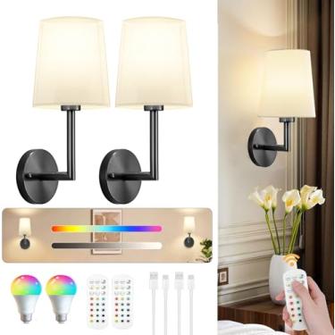 Imagem de JKEYES Arandelas de parede operadas por bateria, arandela preta sem fio com lâmpadas recarregáveis destacáveis RGB reguláveis de 10000 mAh, arandelas de 12 cores, decoração de parede para quarto, sala