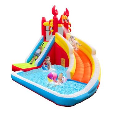 Imagem de Castelo Mega Parque Aquático Inflável Carangueijo Vermelho 4 em 1 com Escorregador, Piscina e Soprador Incluso – Brinquedo Infantil Oxford Resistente, Uso Molhado e Seco