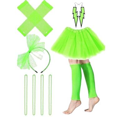 Imagem de Tatuo Acessórios de Halloween dos anos 80 para mulheres, polainas de cabeça, saia tutu, luvas, brincos, colar para festa (verde fluorescência)