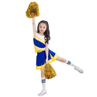 Imagem de KUMIKOLA Kids Girls Cheerleading Costume Outfit Two Piece High School Cheerleader Uniform Dress with Stockings 2 Pom Poms Duan 140