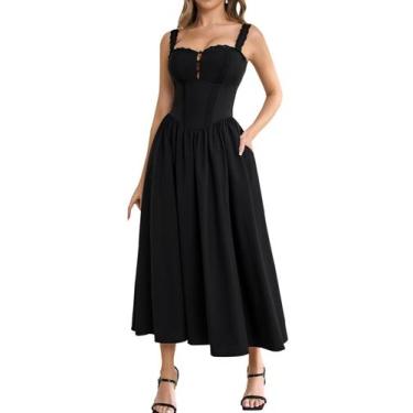 Imagem de Vestido KUTUMAI de renda de verão, decote quadrado, preto midi para mu
