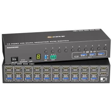 Imagem de 10 Portos HDMI KVM Switch 2 Monitores 10 PC 4K@60Hz Simulação EDID,2 Monitores KVM Switch com 4 Portos USB 3.0 para Impressora Rato Teclado,Áudio RS232,com Controlador,12V de energia e 10 Cabos USB