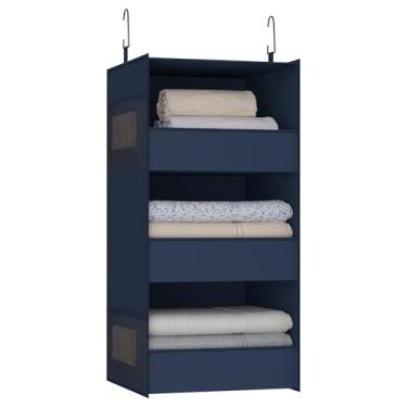 Imagem de Bosuelife Organizador e armazenamento de armário suspenso com 3 prateleiras, prateleiras dobráveis para armário com design de lábio frontal, armazenamento lavável, azul marinho
