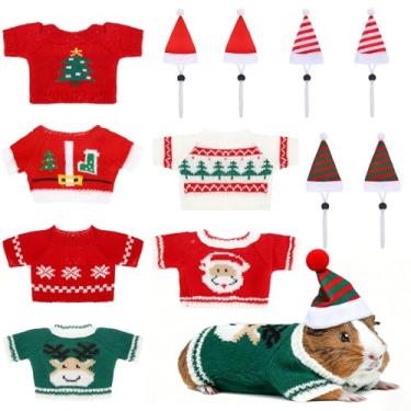 Imagem de SilTriangle 12 peças de fantasia de porquinho-da-índia de Natal 6 mini chapéus de Papai Noel com alça ajustável, 6 suéteres de Natal pequenos animais roupas quentes de inverno para furões, hamster