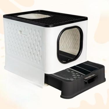 Imagem de Caixa de Areia Fechada Luxo para Gatos - Banheiro Pet com Porta Transparente, Gaveta e 2 Comedouros(SB LUXO+PENEIRA - BRANCO/BLACK)